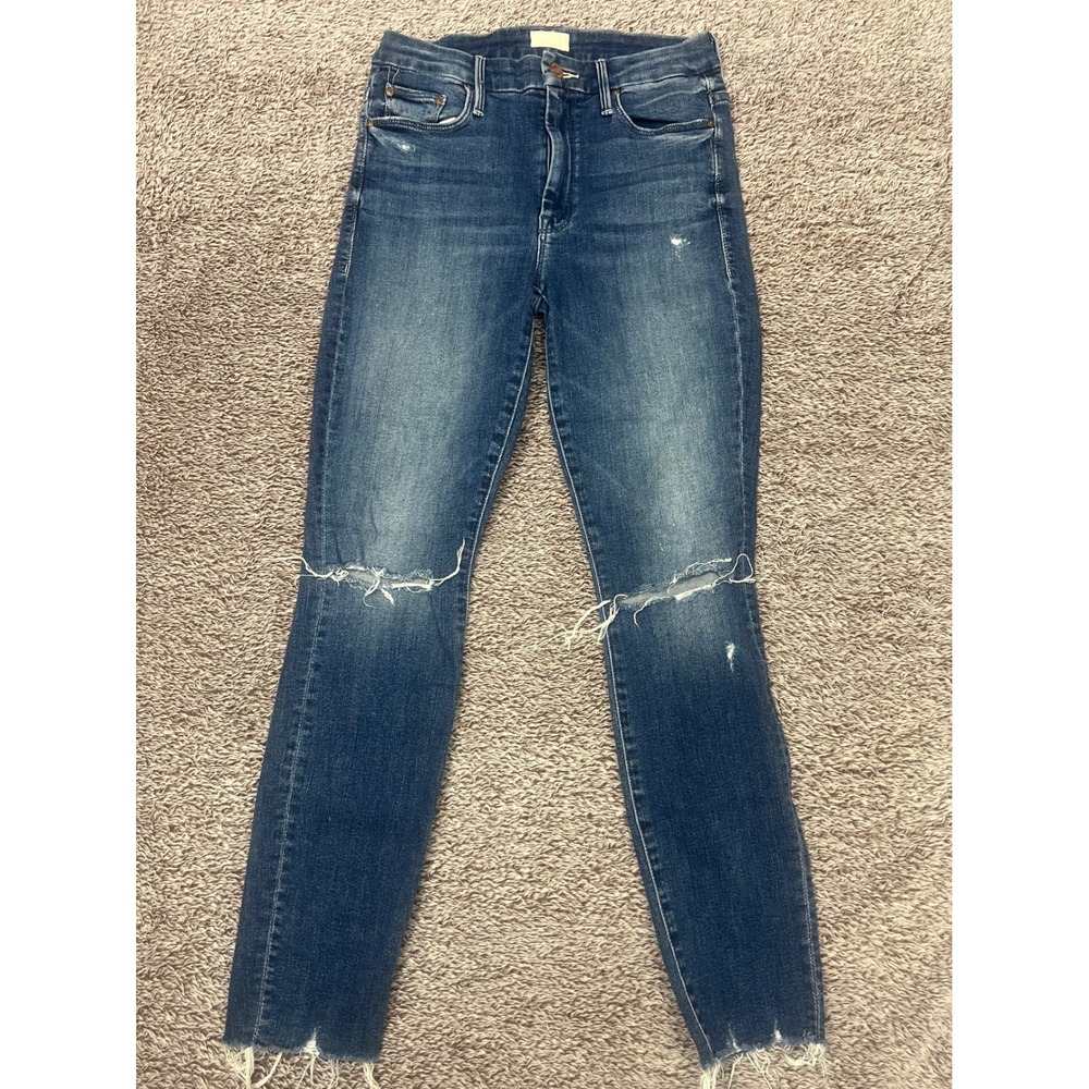 MOTHER High Waisted Looker Ankle Fray Jeans 26 Distressed Skinny Dark Wash